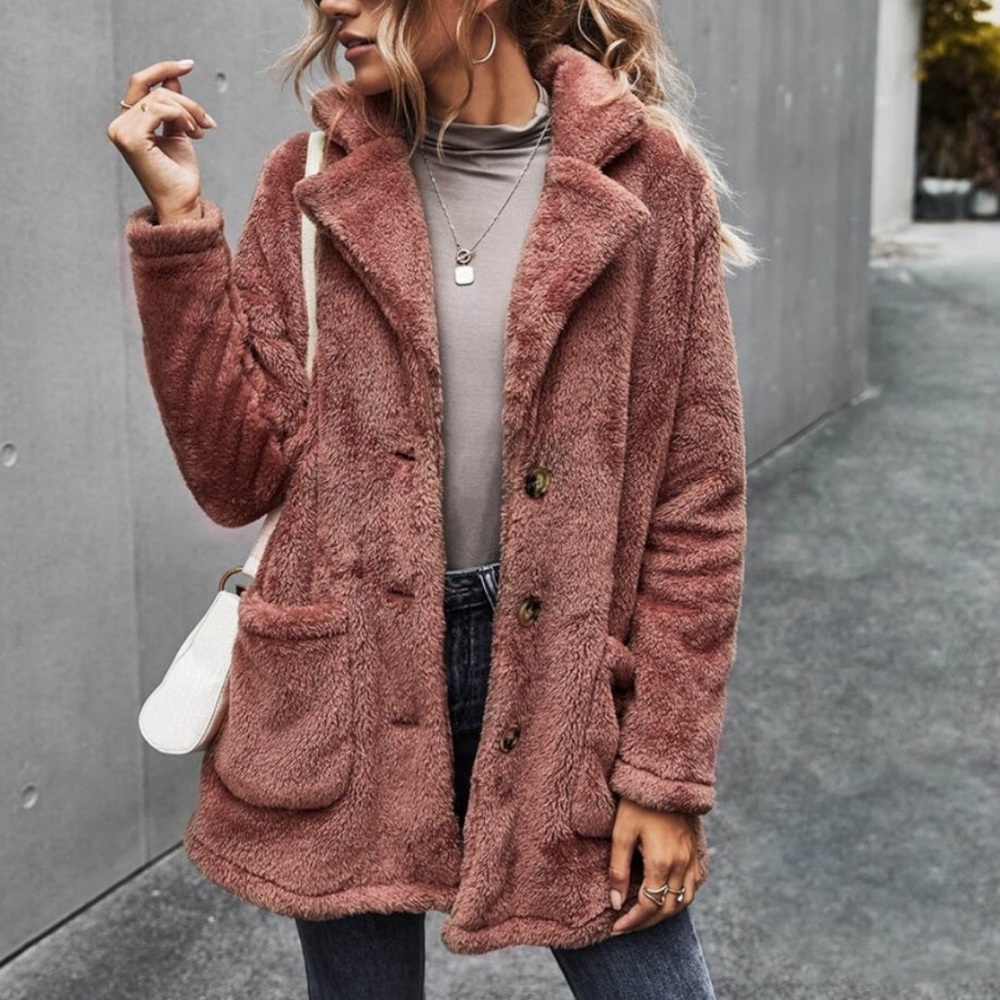 camel tan comfy button pocket teddy jacket coat - Picture 4 of 8
